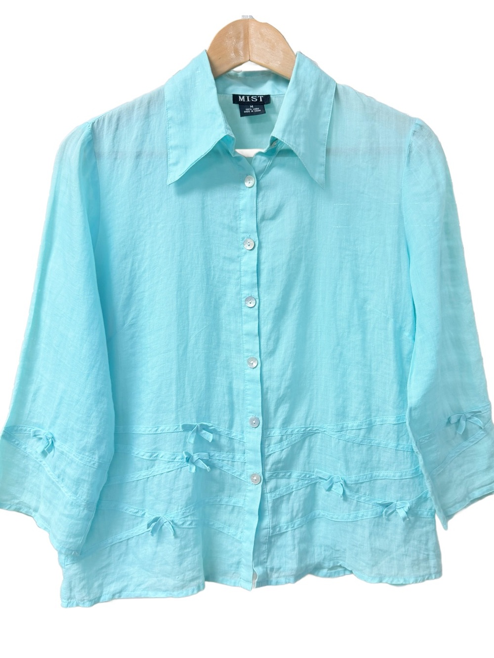 MIST Vintage Aqua Blue 100% Linen Bow Accent Button Down Shirt M Coquette Girl